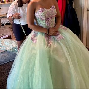Mint Green and Pink Floral Ball Gown Quinceañera